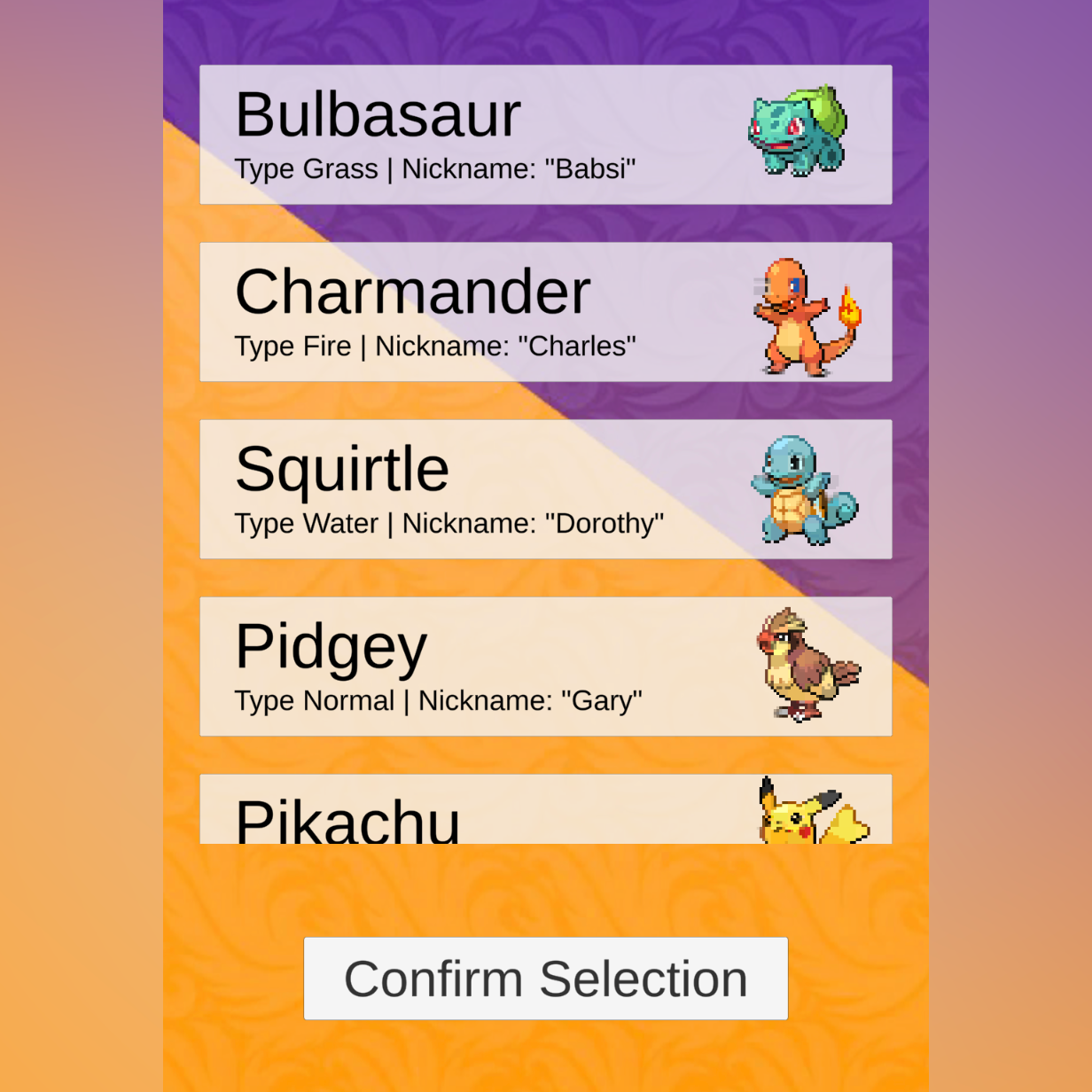 The team setup screen, close-up of the lower part, showing a list of all monsters