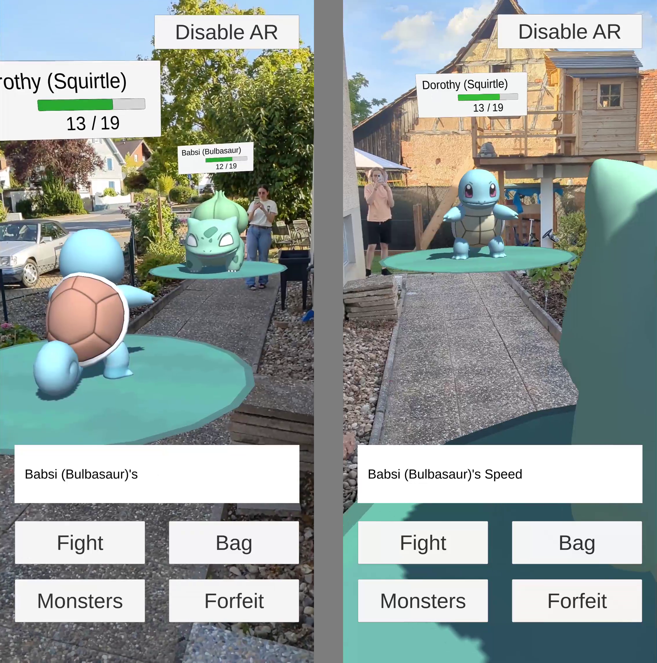 The AR battle screens of two competing players side-by-side