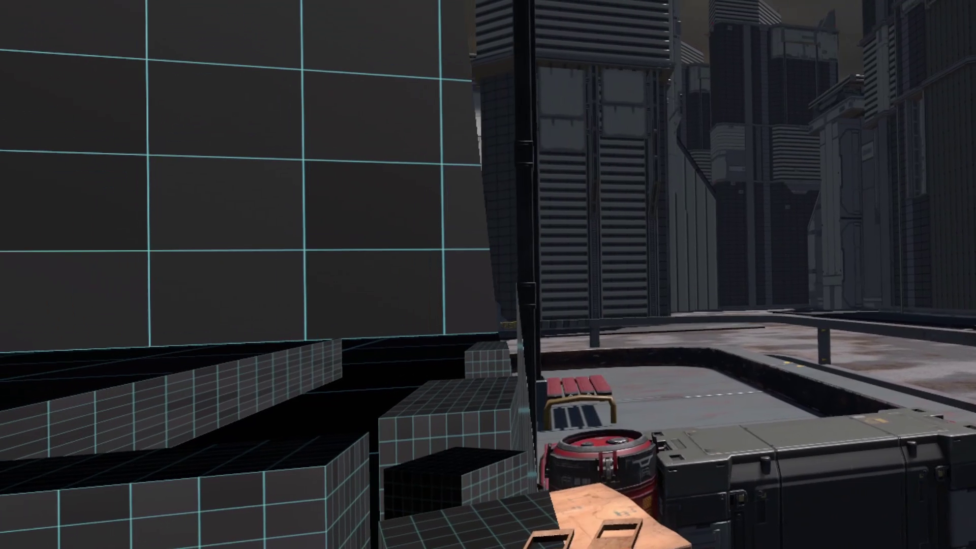 Cross-section between blockout and projected world